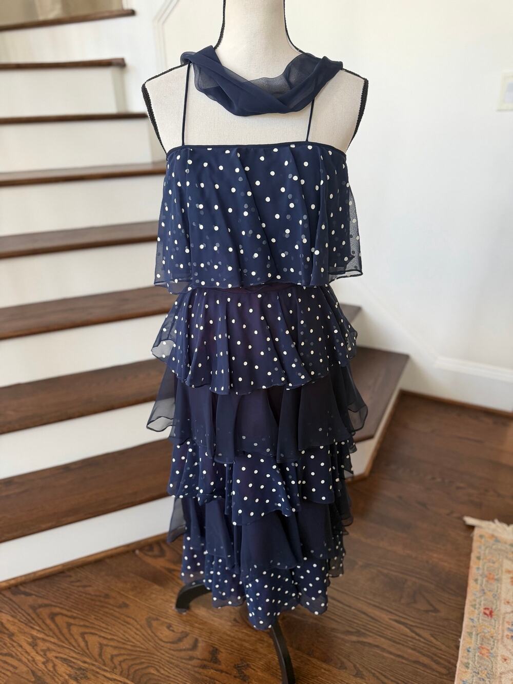 70s Blue & White Polka Dot Ruffle Midi Dress Neck Scarf Belt Whimsygoth Boho